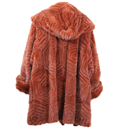 PRE-OWNED BRICK RED DYED LAYERED MINK HOODED STROLLER W/ TURN BACK CUFFS REVERSIBLE TO TAFFETA