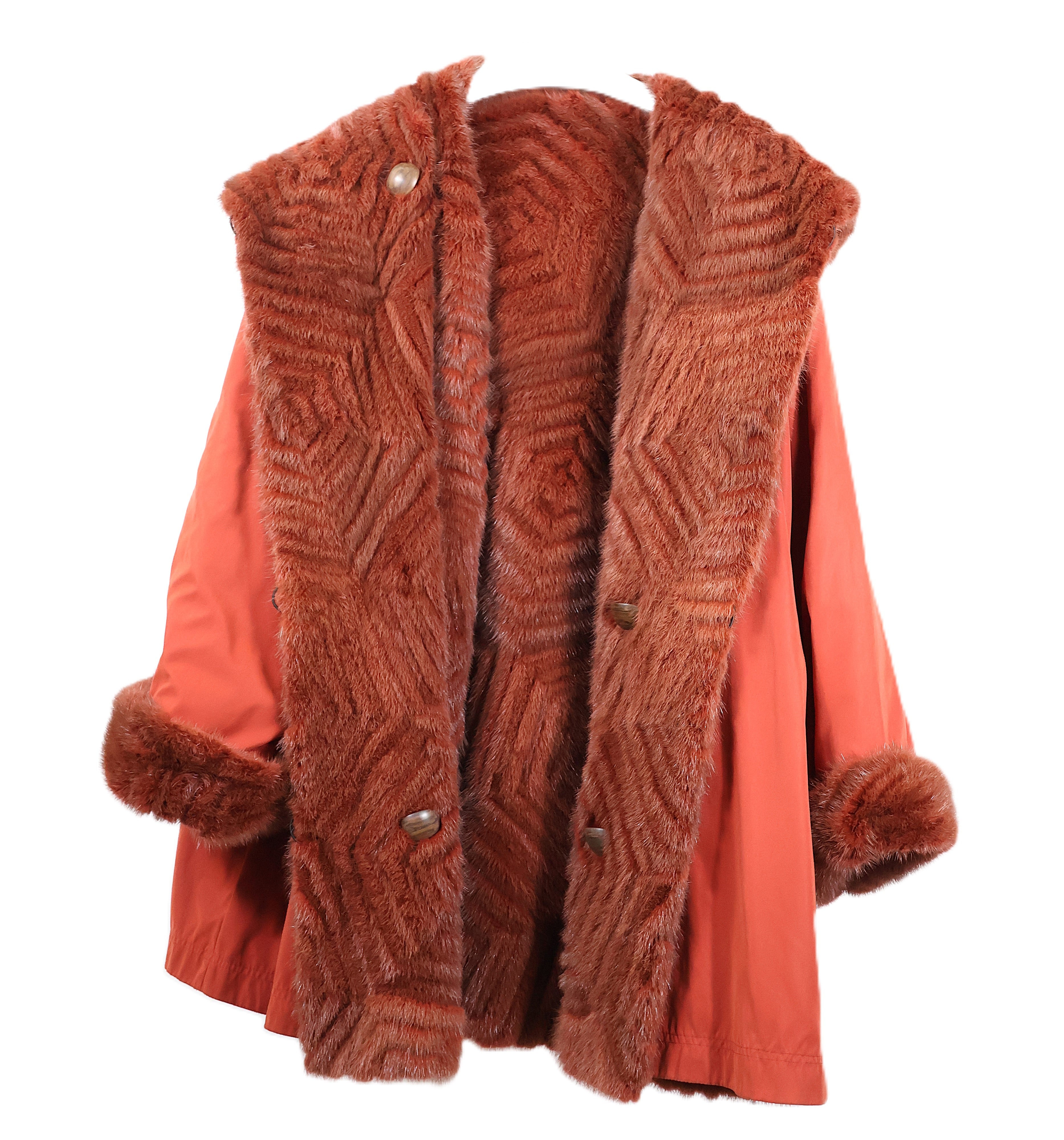PRE-OWNED BRICK RED DYED LAYERED MINK HOODED STROLLER W/ TURN BACK CUFFS REVERSIBLE TO TAFFETA