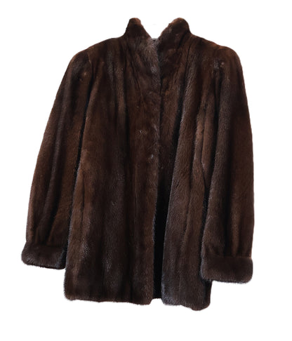 PRE-OWNED MAHOGANY MINK JACKET W/ STAND UP COLLAR & BANDED CUFFS