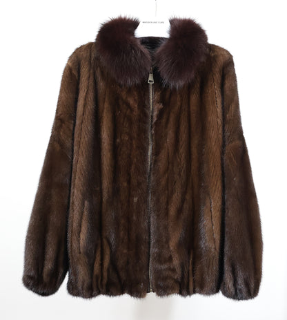 PRE-OWNED MAHOGANY MINK ZIPPERED BOMBER JACKET W/ BROWN FOX WING COLLAR & ELASTIC SLEEVE FINISH