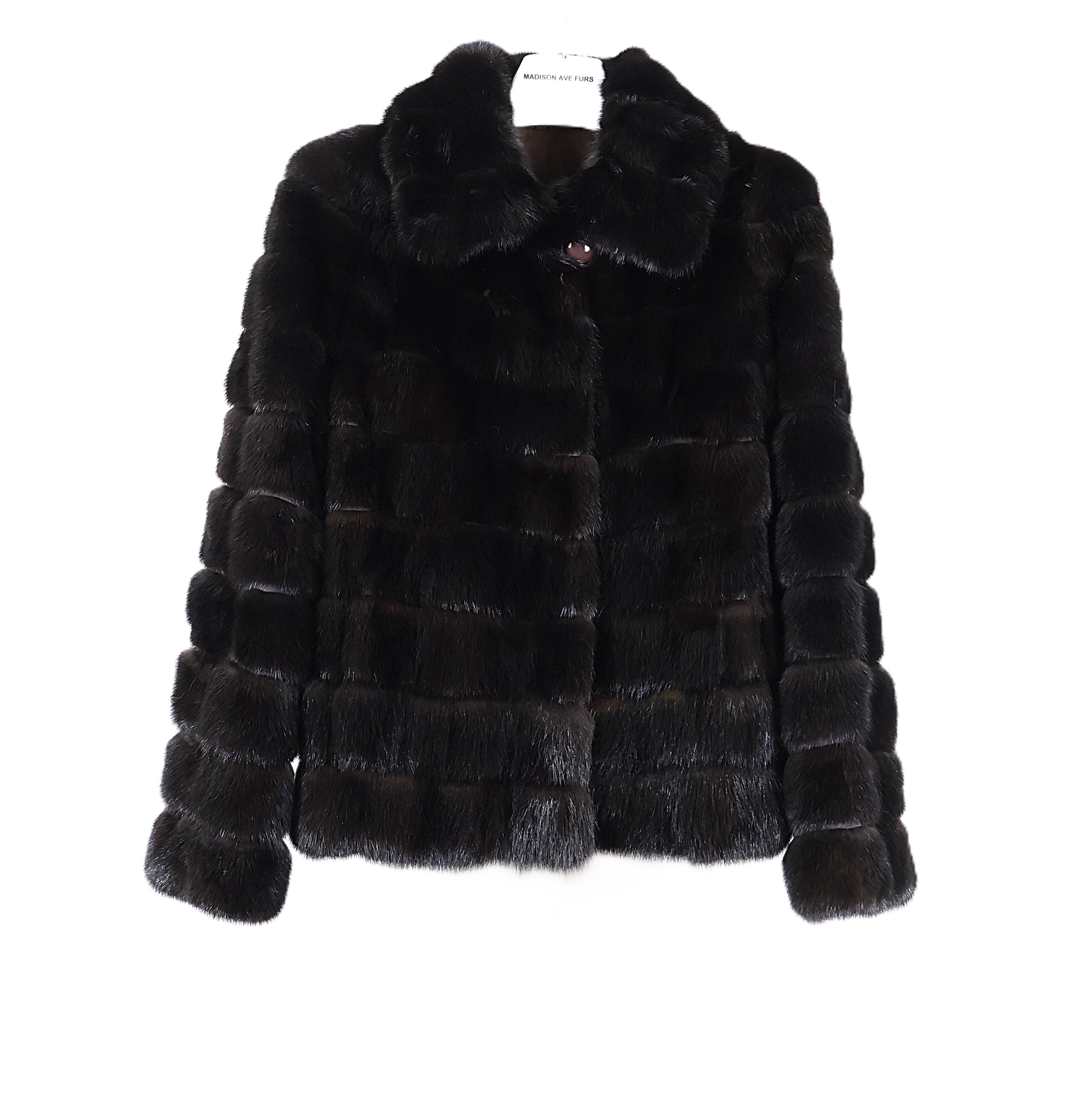 NEW BLACK DYED HORIZONTAL SABLE & LEATHER INSERTS JACKET W/ WING COLLAR