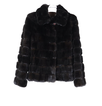 NEW BLACK DYED HORIZONTAL SABLE & LEATHER INSERTS JACKET W/ WING COLLAR