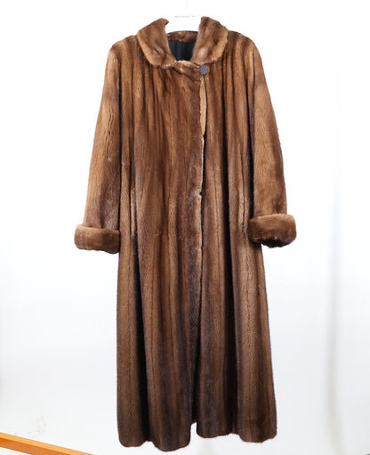 PRE-OWNED NATURAL DEMI BUFF MINK COAT REVERSIBLE TO TAFFETA W/ NOTCH COLLAR & TURN BACK CUFFS