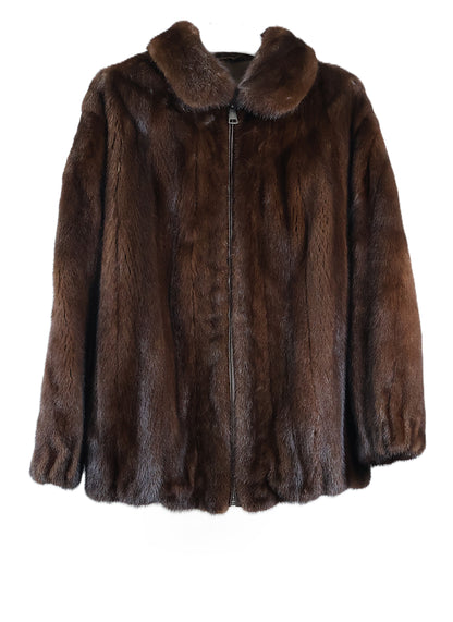 PRE-OWNED MEN'S MAHOGANY MINK BOMBER JACKET W/ WING COLLAR & ELASTIC SLEEVE FINISH