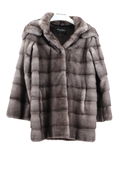 NEW BLUE IRIS HORIZONTAL MINK JACKET W/ DETACHABLE DOUBLE FUR HOOD & STAND UP COLLAR