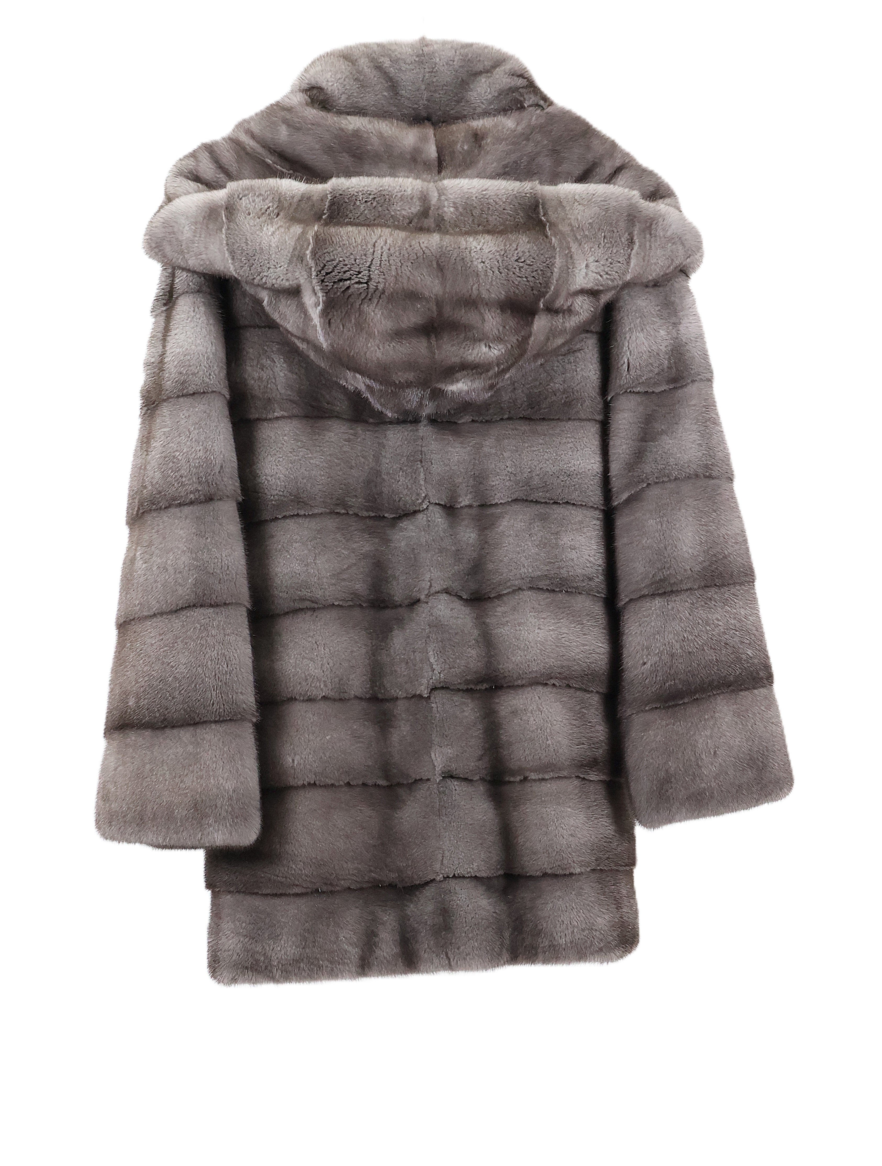 NEW BLUE IRIS HORIZONTAL MINK JACKET W/ DETACHABLE DOUBLE FUR HOOD & STAND UP COLLAR