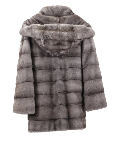 NEW BLUE IRIS HORIZONTAL MINK JACKET W/ DETACHABLE DOUBLE FUR HOOD & STAND UP COLLAR