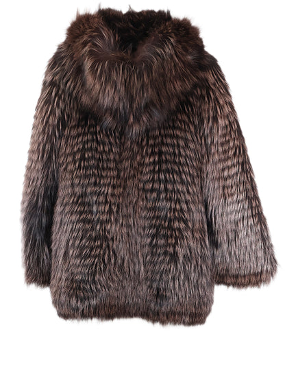 NEW BROWN DYED FEATHERED FOX HOODED STROLLER W/ CROSS-CUT FRONTS