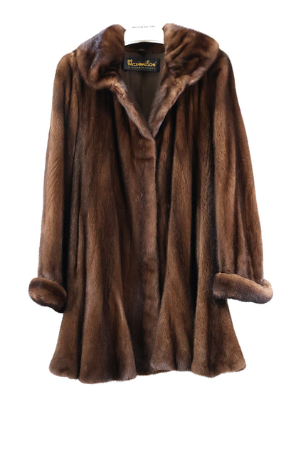 PRE-OWNED DEMI BUFF MINK SWING 7/8 COAT W/ PORTRAIT COLLAR & TURN BACK CUFFS