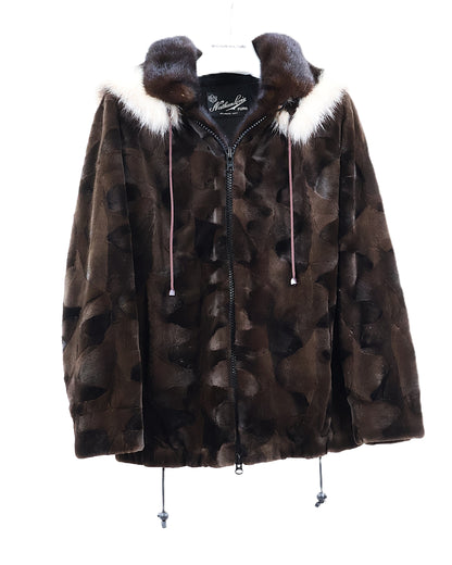 PRE-OWNED BROWN DYED SHEARED MINK SECTION ZIPPERED JACKET W/ DETACHABLE FOX TRIMMED HOOD & DRAWSTRING HEM
