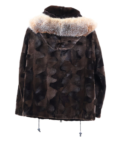 PRE-OWNED BROWN DYED SHEARED MINK SECTION ZIPPERED JACKET W/ DETACHABLE FOX TRIMMED HOOD & DRAWSTRING HEM