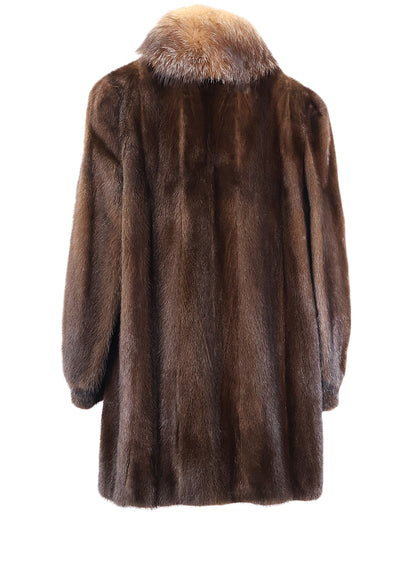 PRE-OWNED MAHOGANY MINK STROLLER W/ CRYSTAL FOX TUXEDO FRONTS & MINK BAND CUFFS