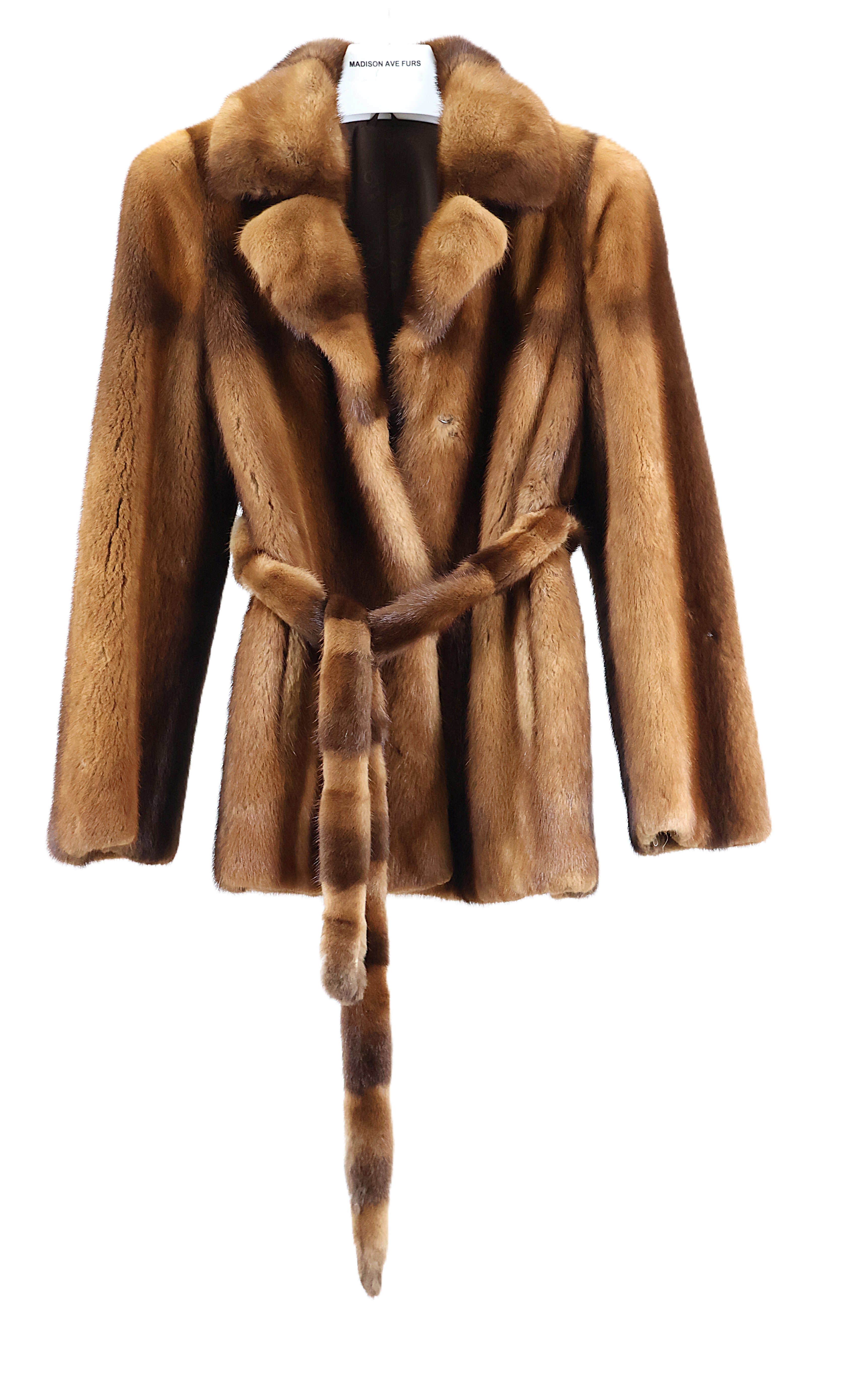 PRE-OWNED DYED COGNAC MINK JACKET W/ NOTCH COLLAR & MINK WRAP BELT