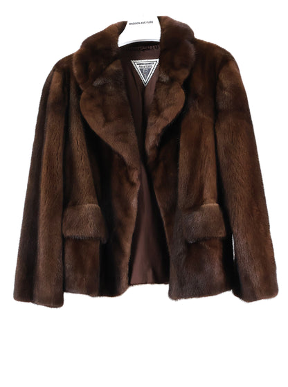 PRE-OWNED MAHOGANY MINK JACKET W/ SCALLOPED SHAWL COLLAR & FLAP FRONT POCKETS