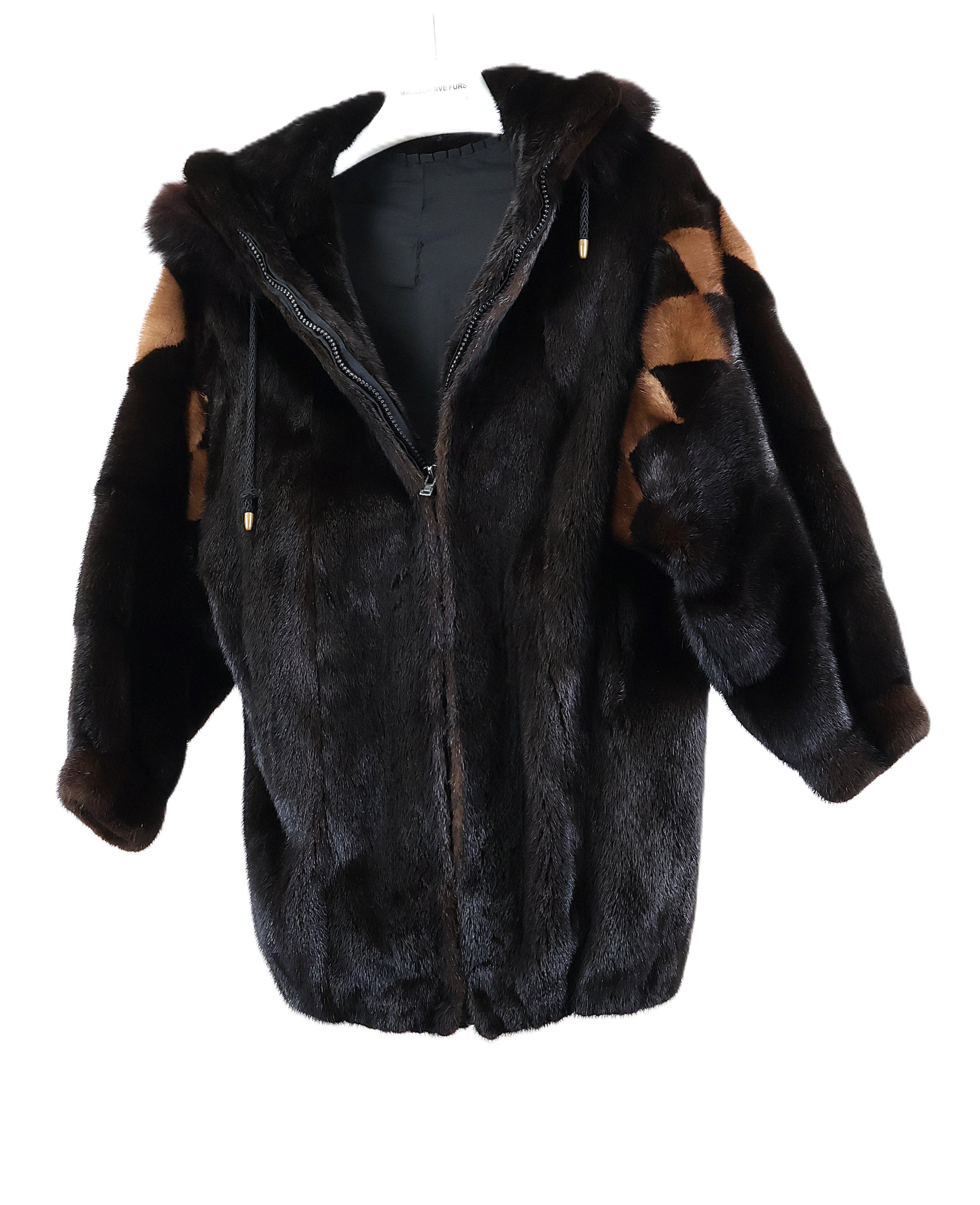 PRE-OWNED RANCH MINK ZIPPERED JACKET W/ WING COLLAR, DIAMOND DESIGN ON SLEEVES , BANDED CUFFS & DETACHABLE MINK HOOD