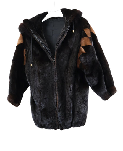 PRE-OWNED RANCH MINK ZIPPERED JACKET W/ WING COLLAR, DIAMOND DESIGN ON SLEEVES , BANDED CUFFS & DETACHABLE MINK HOOD