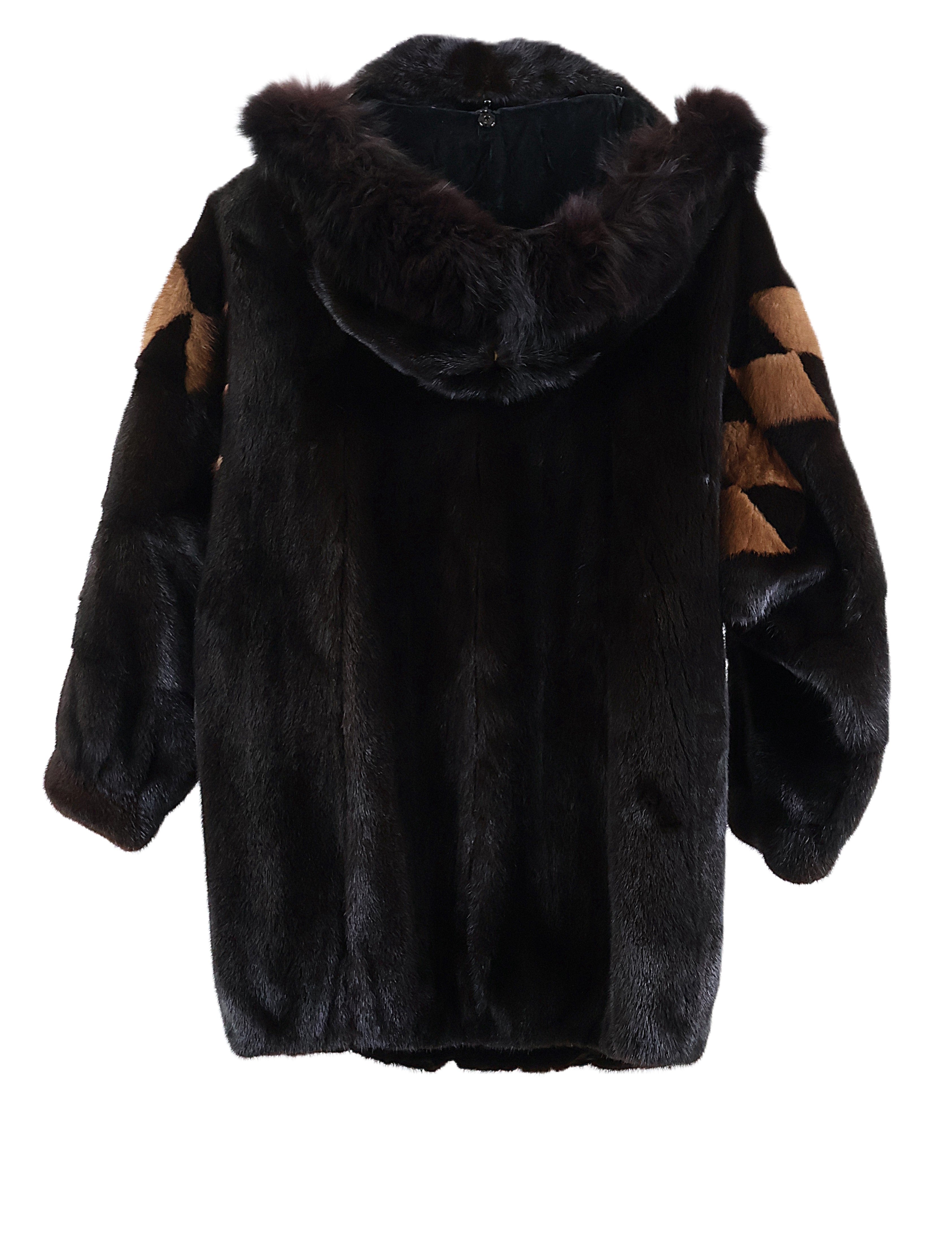 PRE-OWNED RANCH MINK ZIPPERED JACKET W/ WING COLLAR, DIAMOND DESIGN ON SLEEVES , BANDED CUFFS & DETACHABLE MINK HOOD