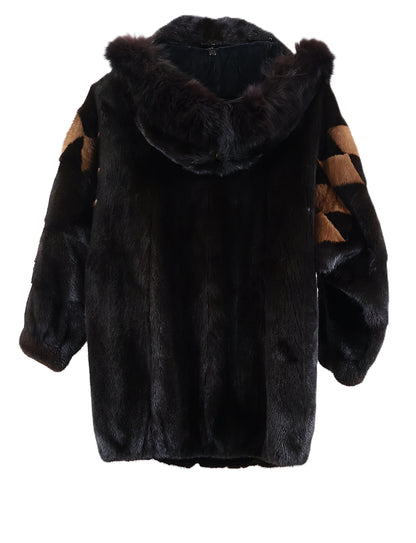 PRE-OWNED RANCH MINK ZIPPERED JACKET W/ WING COLLAR, DIAMOND DESIGN ON SLEEVES , BANDED CUFFS & DETACHABLE MINK HOOD