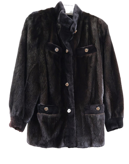 PRE-OWNED RANCH MINK JACKET W/ SHEARED MINK NOTCH COLLAR, TRIM  & CUFFS, PATCH POCKETS