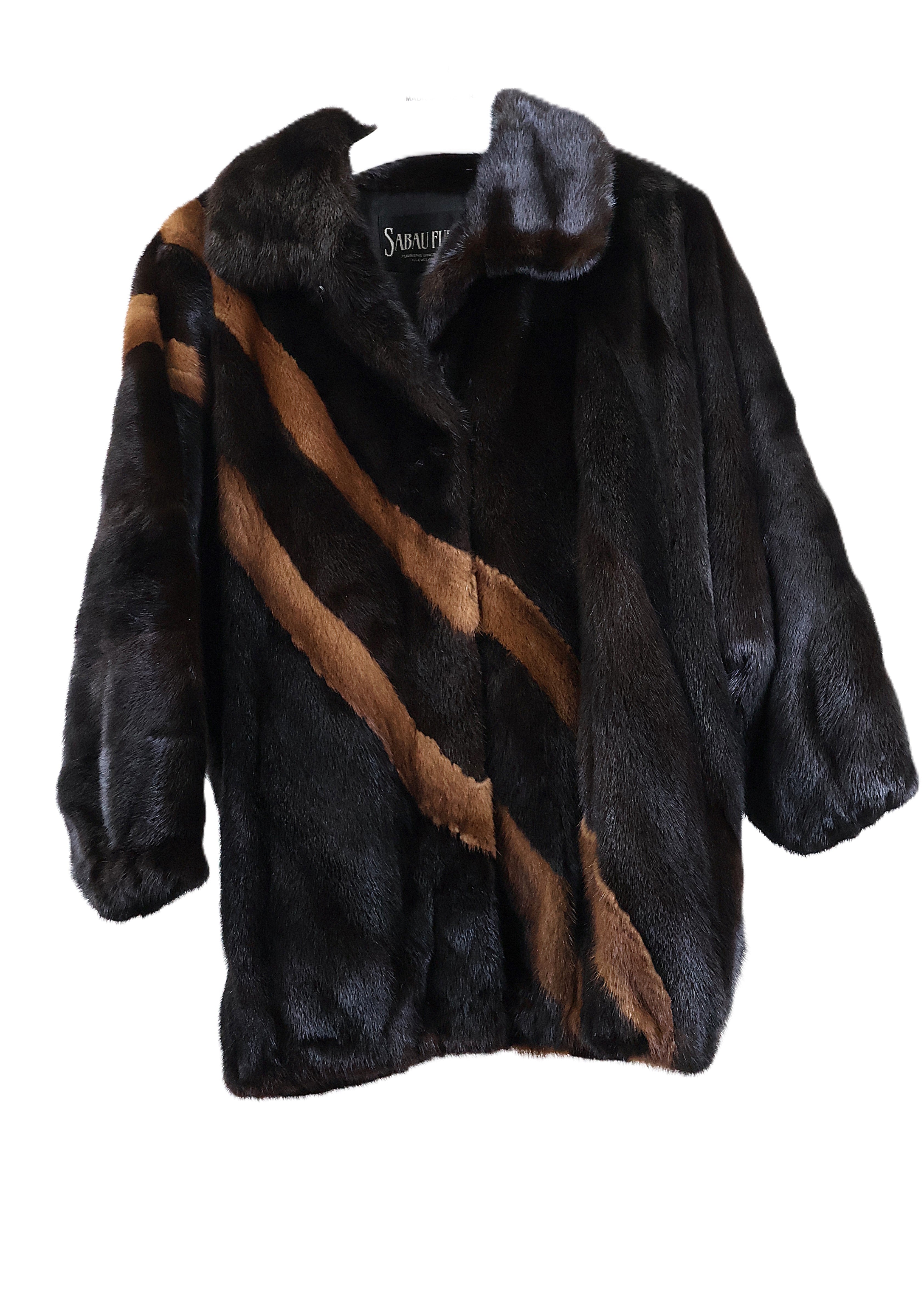 PRE-OWNED RANCH MINK & DEMI BUFF DIAGONAL DESIGN BOMBER JACKET W/ WING COLLAR, BAT SLEEVE & ELASTIC CUFFS