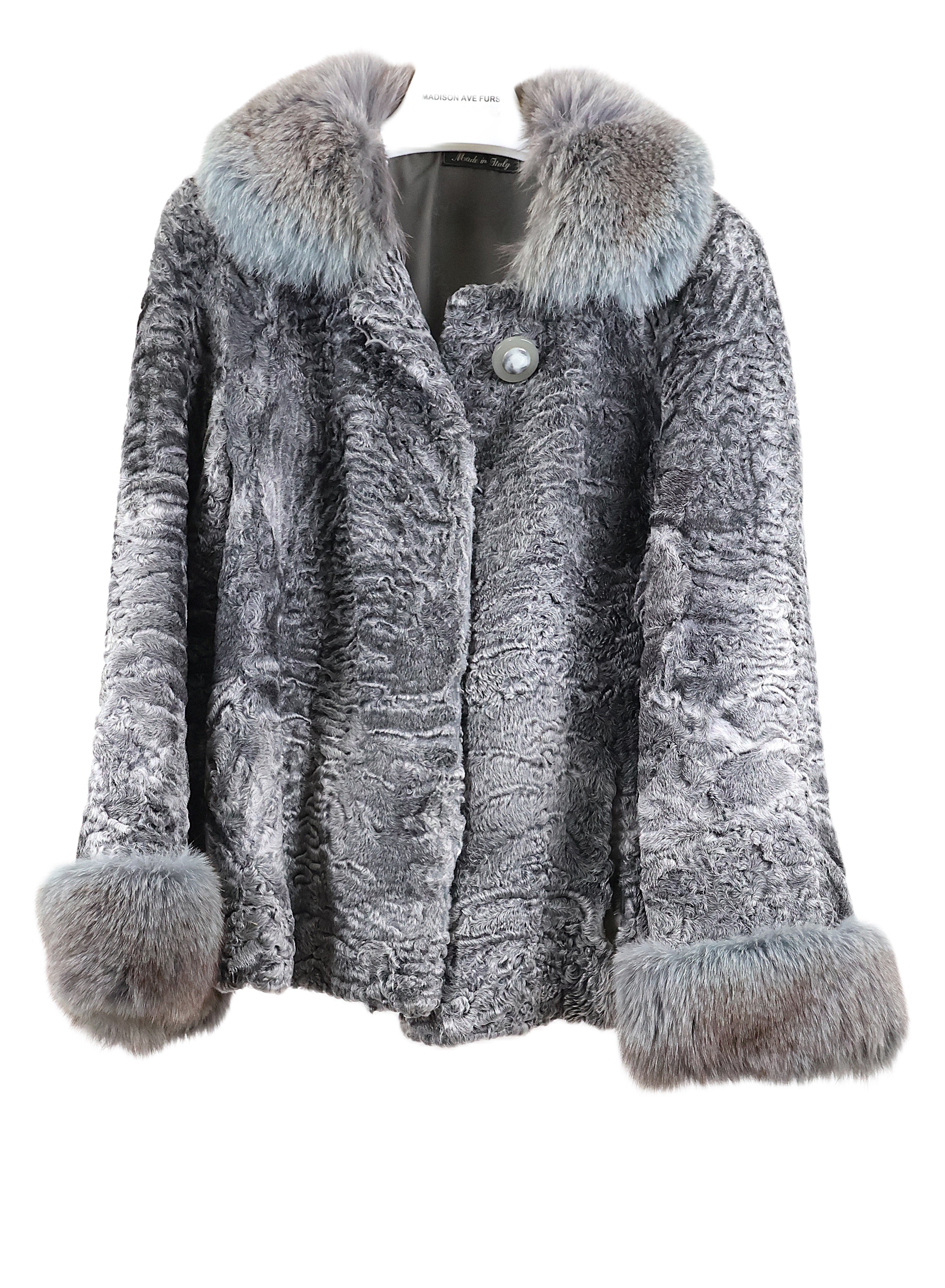 PRE-OWNED GREY SWAKARA LAMB JACKET W/ FOX WING COLLAR & CUFFS