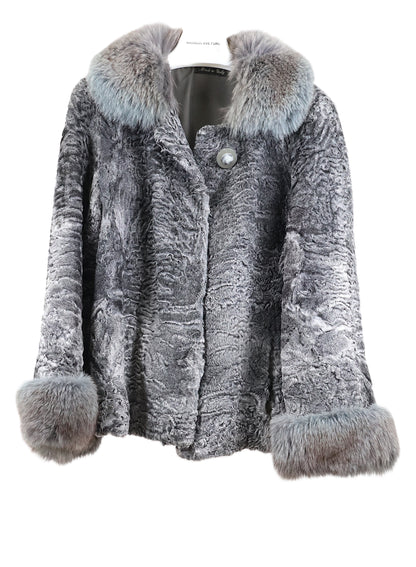 PRE-OWNED GREY SWAKARA LAMB JACKET W/ FOX WING COLLAR & CUFFS