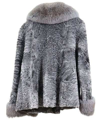 PRE-OWNED GREY SWAKARA LAMB JACKET W/ FOX WING COLLAR & CUFFS