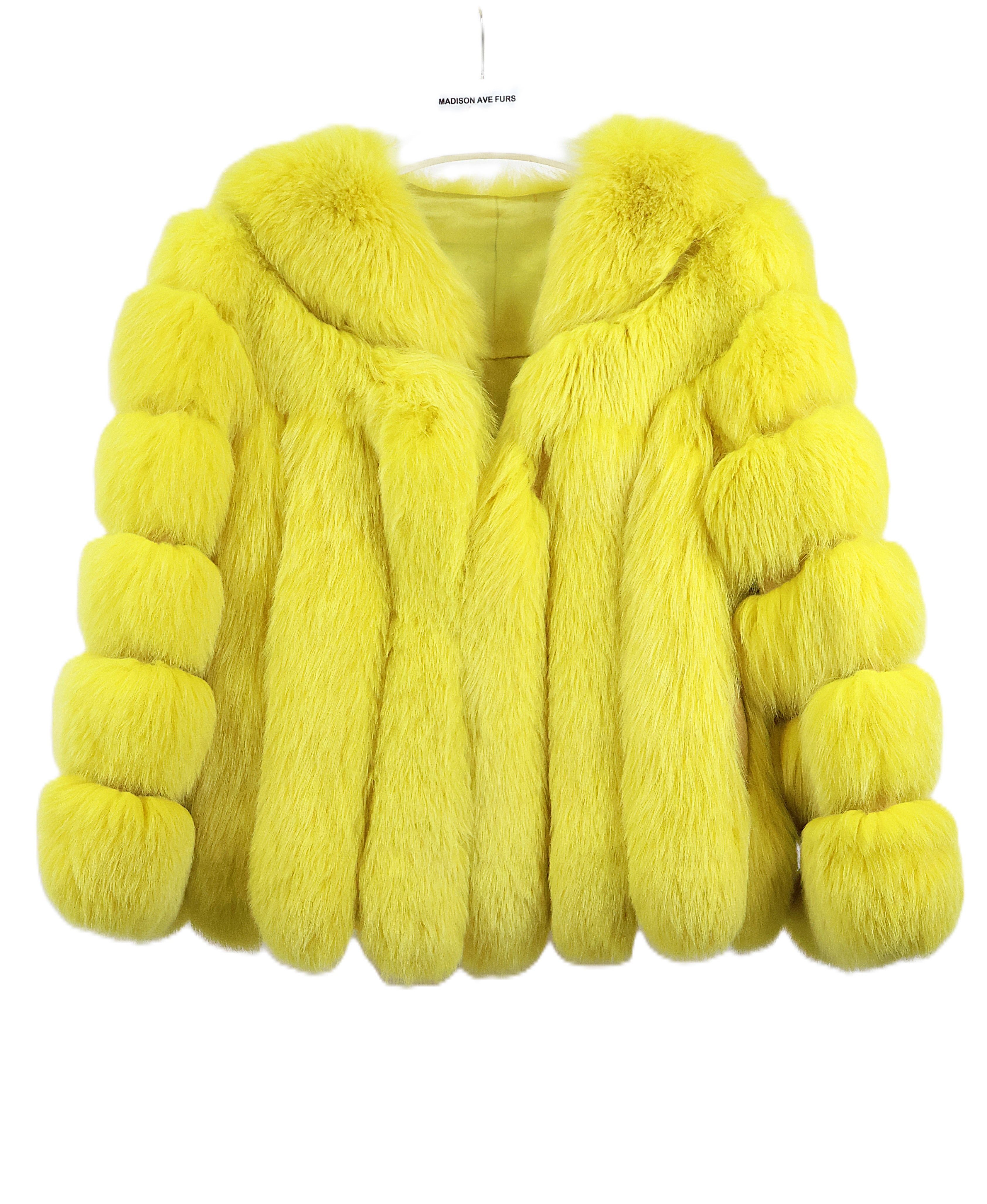 PRE-OWNED YELLOW DYED FOX COLLARLESS JACKET W/ HORIZONTAL SLEEVES