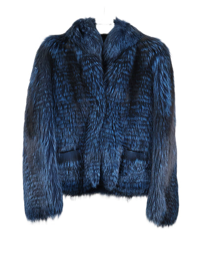 PRE-OWNED ROYAL BLUE & NAVY DYED FEATHERED FOX JACKET W/ STAND UP COLLAR