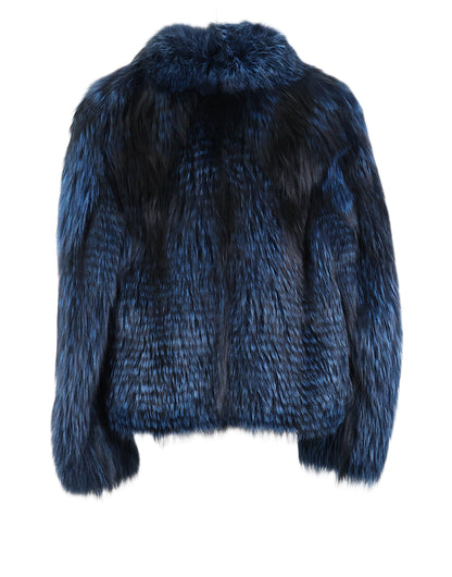PRE-OWNED ROYAL BLUE & NAVY DYED FEATHERED FOX JACKET W/ STAND UP COLLAR