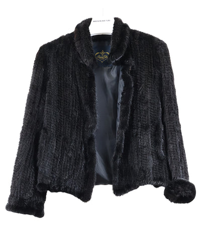 NEW BLACK KNITTED MINK BUTTON JACKET W/ WING COLLAR & STRAIGHT SLEEVES