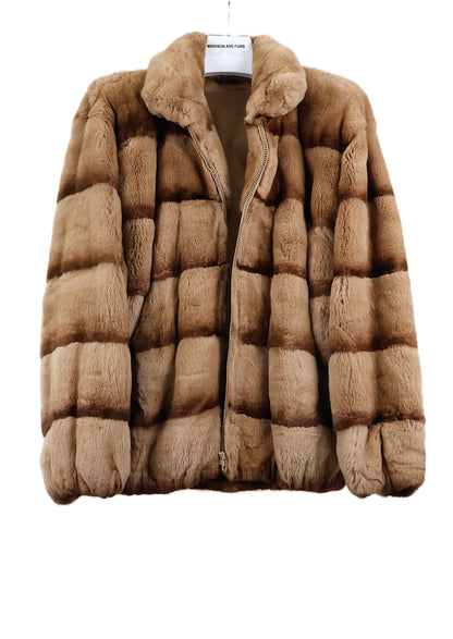 PRE-OWNED TAN/BROWN DYES HORIZONTAL REX RABBIT BOMBER JACKET W/ WING COLLAR & ELASTIC CUFFS & HEM