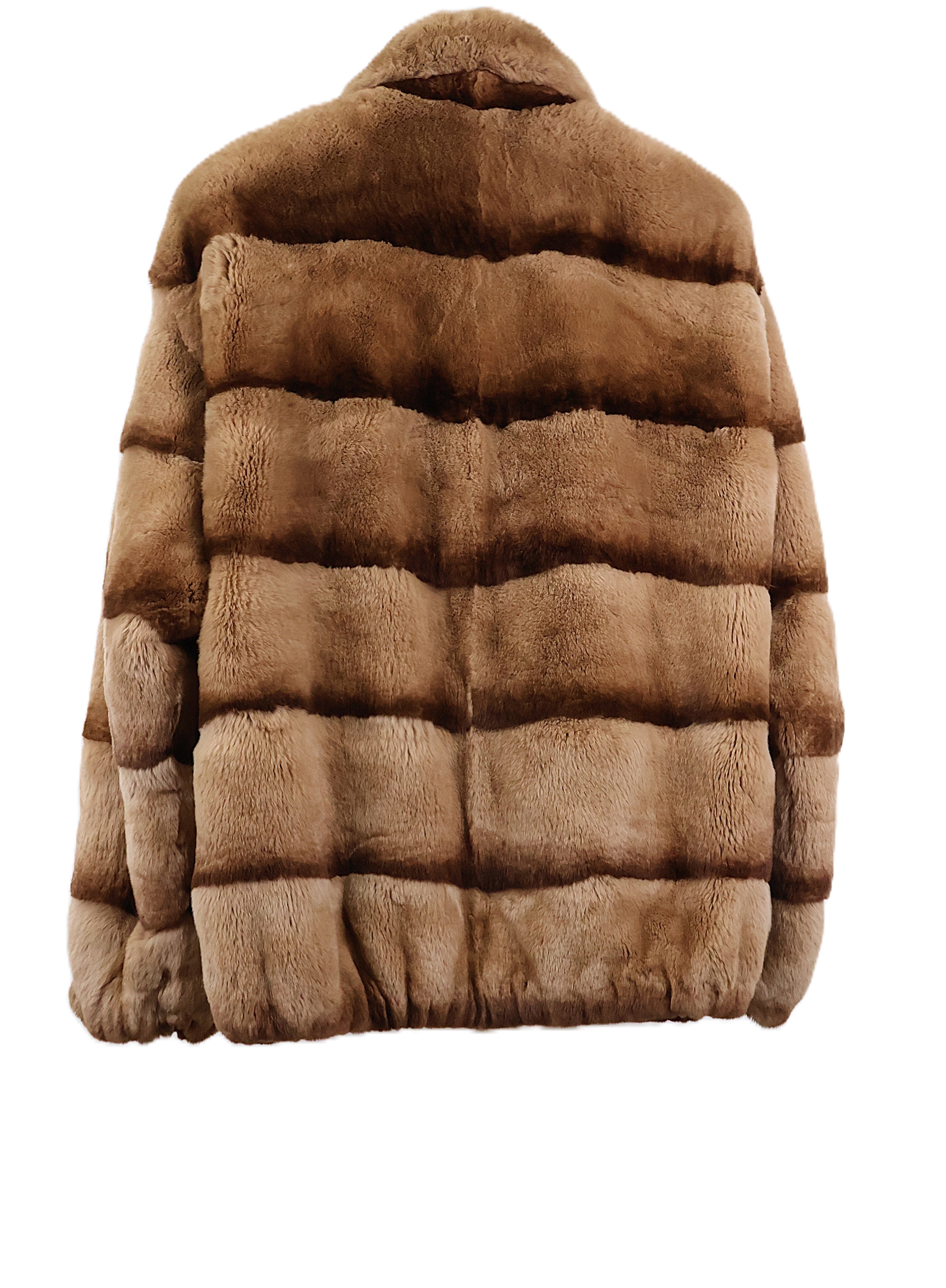 PRE-OWNED TAN/BROWN DYES HORIZONTAL REX RABBIT BOMBER JACKET W/ WING COLLAR & ELASTIC CUFFS & HEM