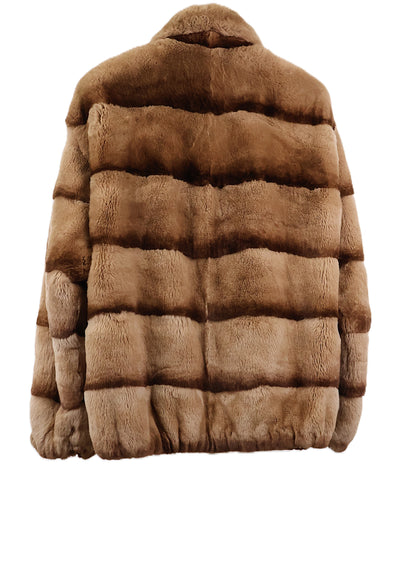 PRE-OWNED TAN/BROWN DYES HORIZONTAL REX RABBIT BOMBER JACKET W/ WING COLLAR & ELASTIC CUFFS & HEM
