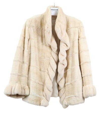 PRE-OWNED CREAM SHEARED HORIZONTAL MINK JACKET W/ LONG HAIR MINK RUFFLED FRONT TUXEDO & CUFFS