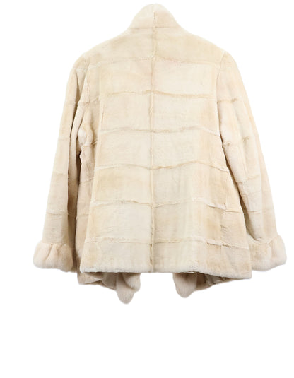 PRE-OWNED CREAM SHEARED HORIZONTAL MINK JACKET W/ LONG HAIR MINK RUFFLED FRONT TUXEDO & CUFFS