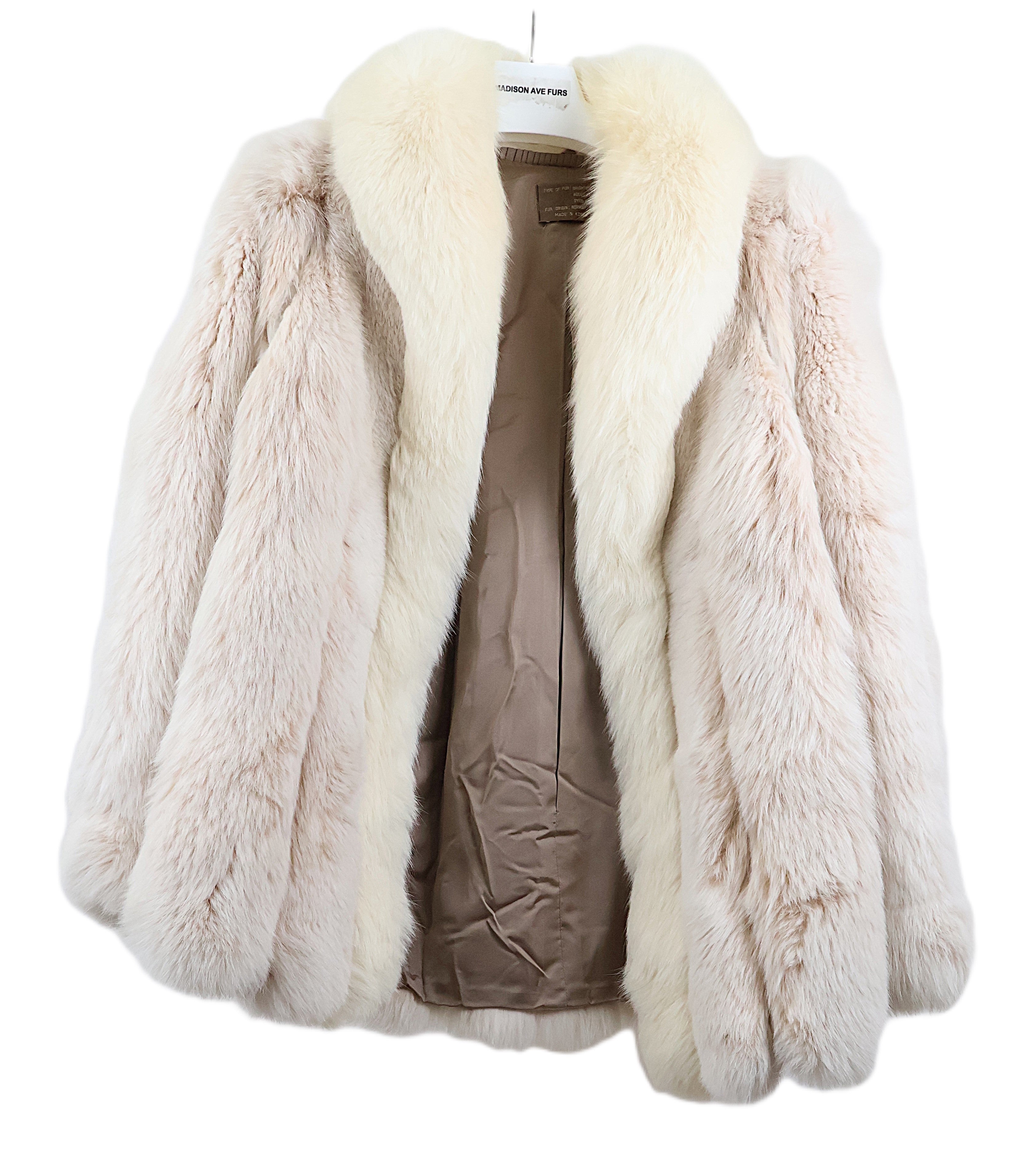 PRE-OWNED BLUSH DYED FOX JACKET W/WHITE FOX SHAWL COLLAR & TUXEDO FRONT BANDED CUFFS