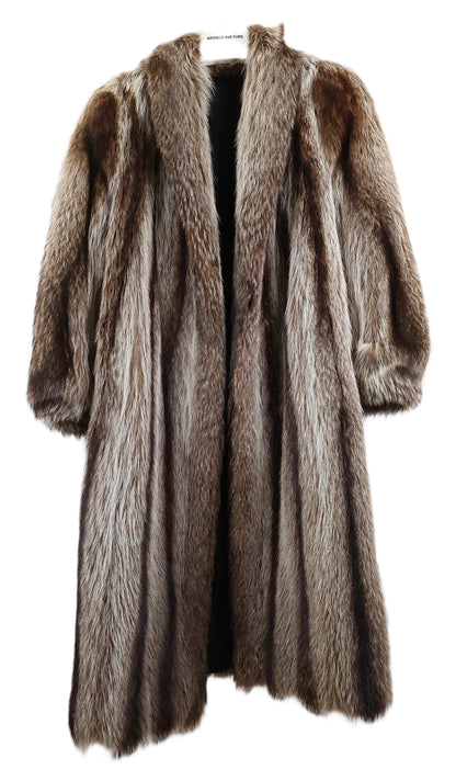 PRE-OWNED RACCOON COAT W/ SHAWL COLLAR & BANDED CUFF