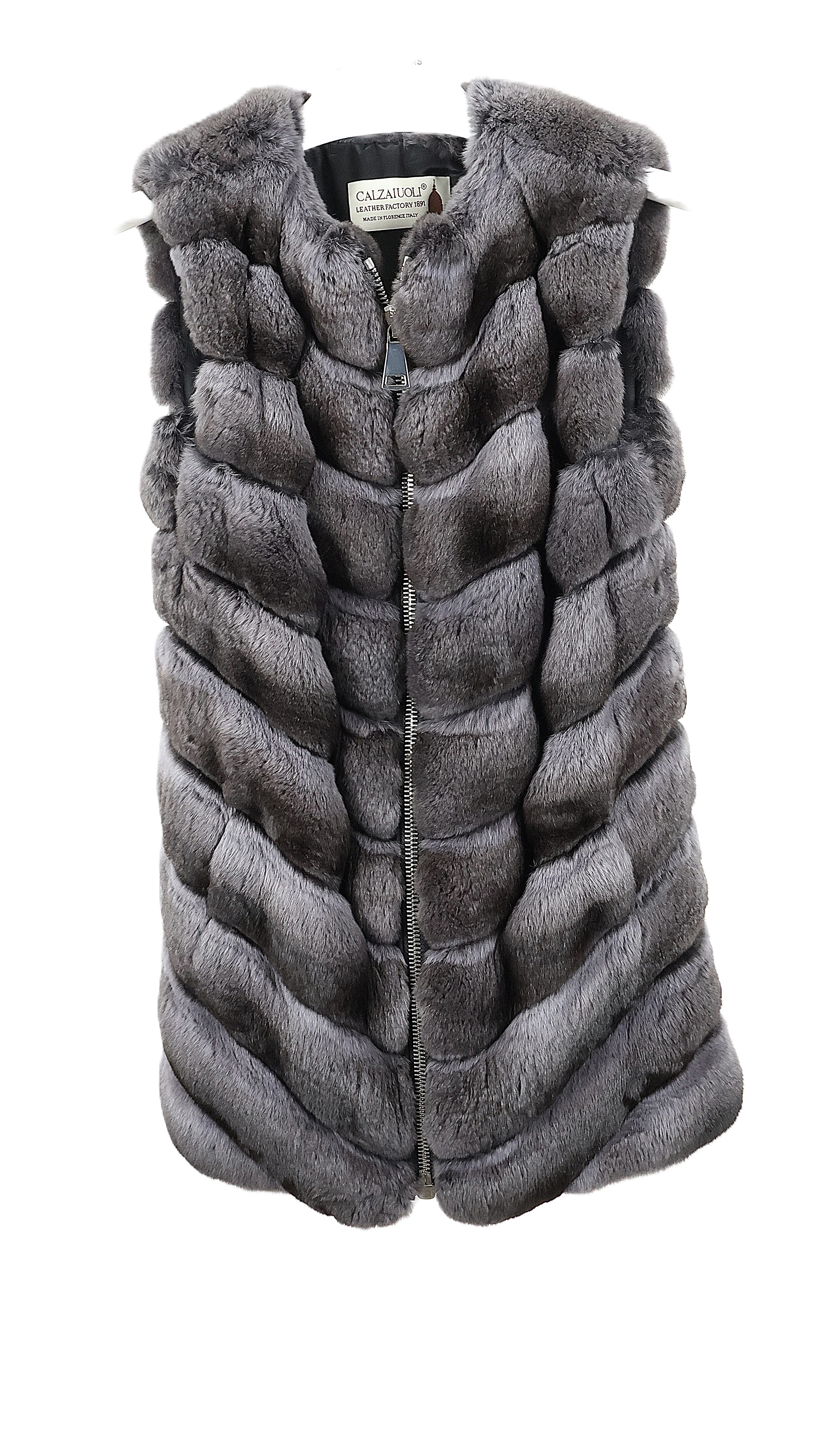 PRE-OWNED SMOKE DYED DIAGONAL CHINCHILLA COLLARLESS VEST