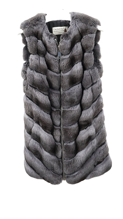 PRE-OWNED SMOKE DYED DIAGONAL CHINCHILLA COLLARLESS VEST