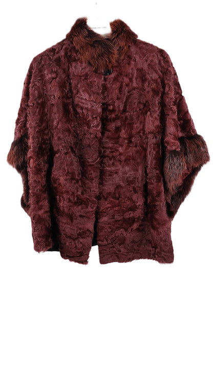 PRE-OWNED BURGANDY DYED SWAKARA CAPE W/ DYED FOX STAND UP COLLAR & SLEEVE TRIM