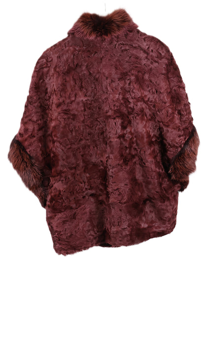 PRE-OWNED BURGANDY DYED SWAKARA CAPE W/ DYED FOX STAND UP COLLAR & SLEEVE TRIM