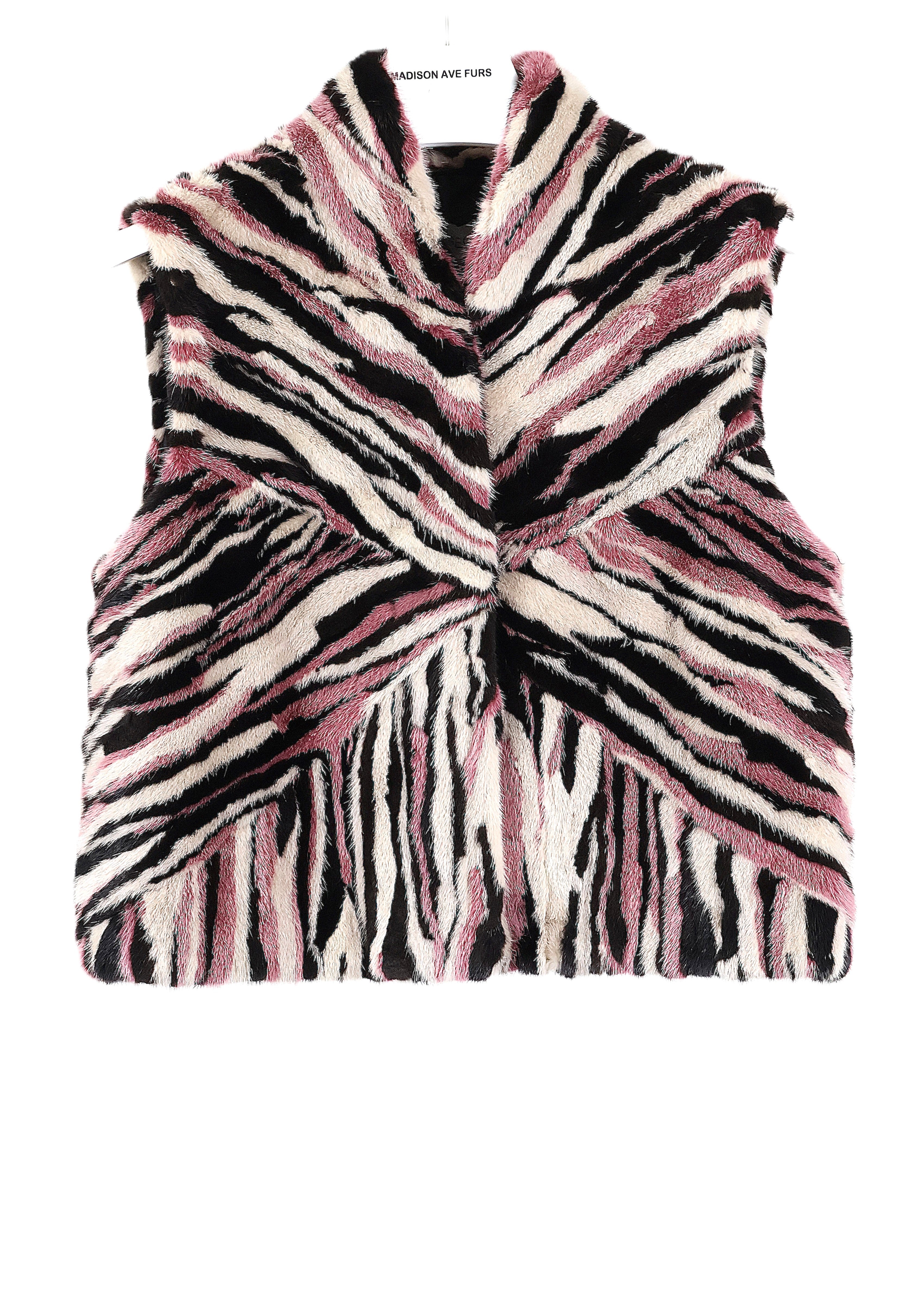 PRE-OWNED MULTI-COLORED DYED SECTION MINK CROPPED VEST W/ STAND UP COLLAR