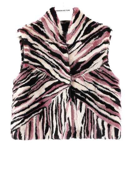 PRE-OWNED MULTI-COLORED DYED SECTION MINK CROPPED VEST W/ STAND UP COLLAR