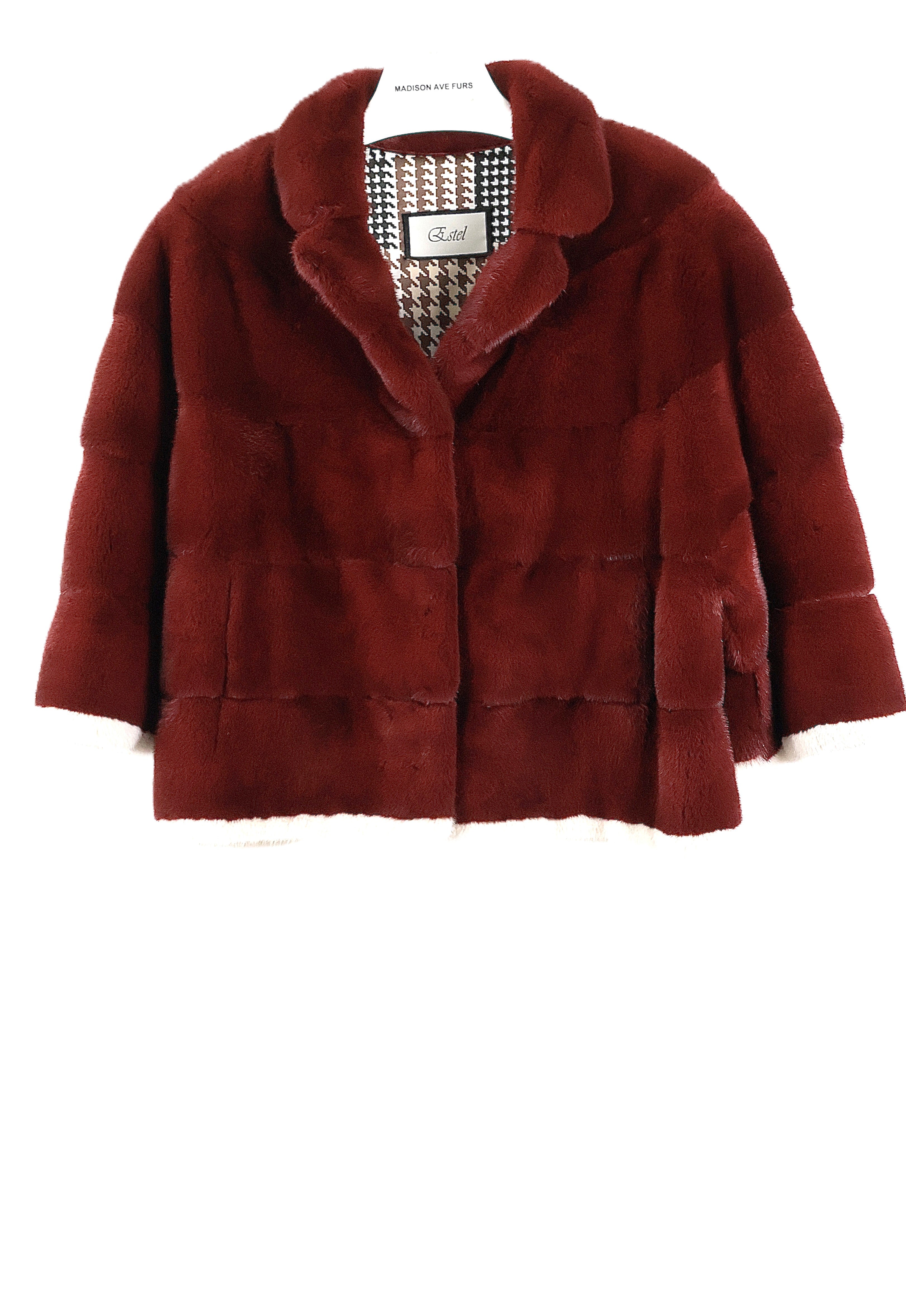 PRE-OWNED BURGANDY DYED HORIZONTAL MINK JACKET W/ CREAM DYED MINK TRIM W/ NOTCH COLLAR & 3/4 SLEEVE