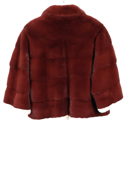 PRE-OWNED BURGANDY DYED HORIZONTAL MINK JACKET W/ CREAM DYED MINK TRIM W/ NOTCH COLLAR & 3/4 SLEEVE