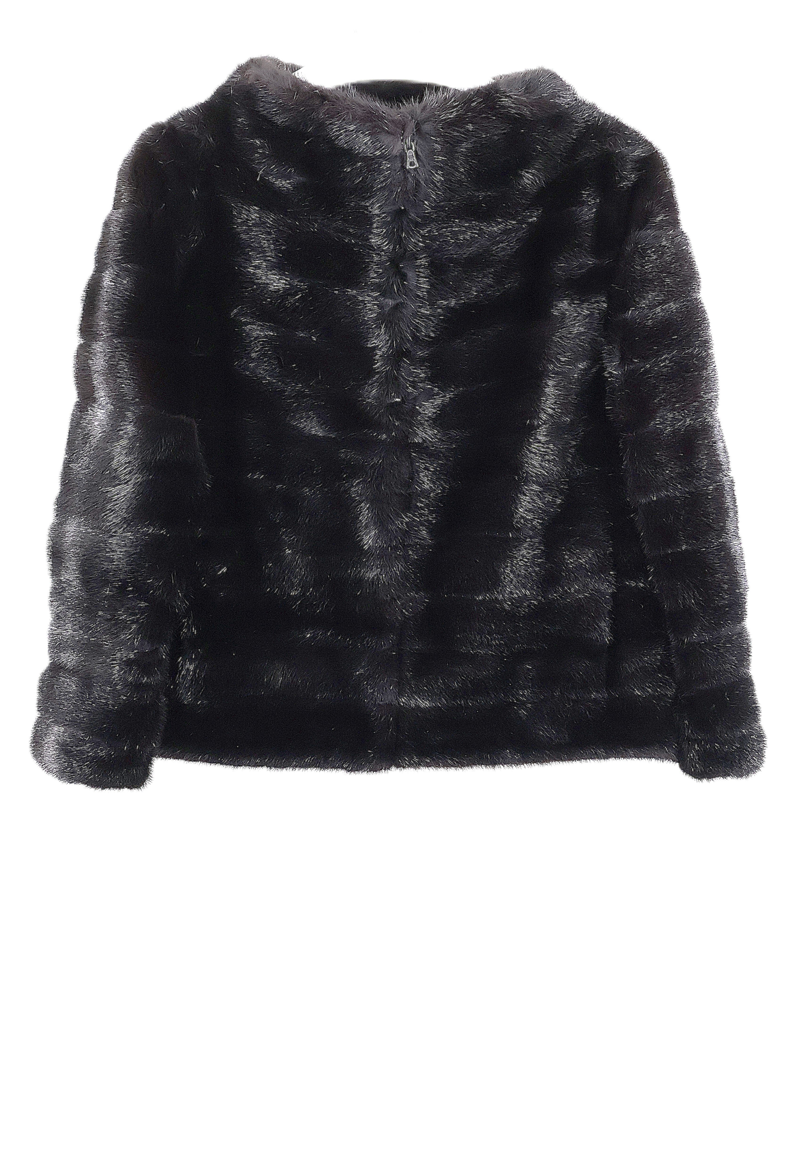 PRE-OWNED BLACK DYED HORIZONTAL MINK JACKET W/BOAT NECK & STRAIGHT SLEEVES