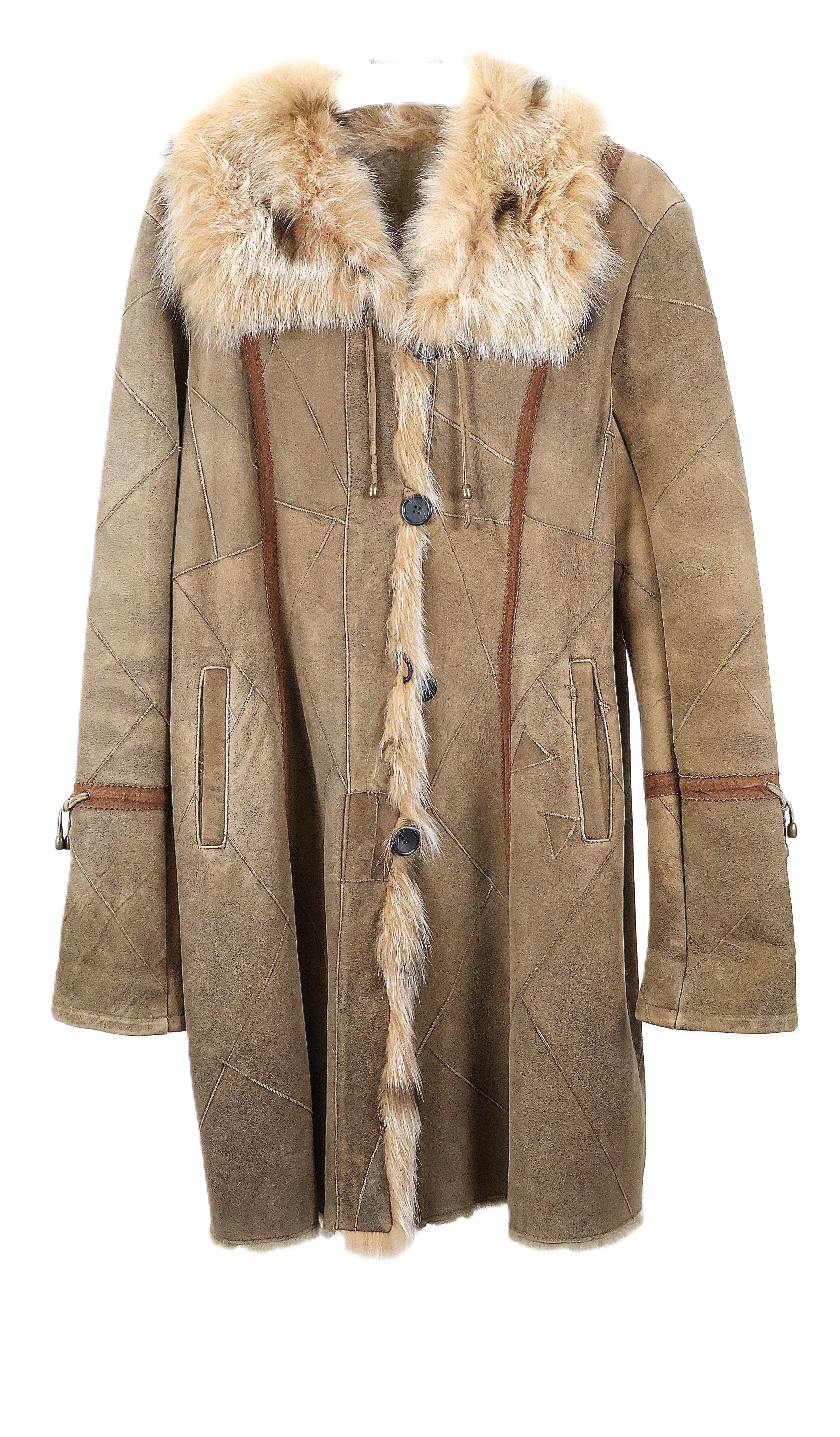 PRE-OWNED DISTRESSED TAN SHEARLING LAMB COAT W/ DYED LYNX TRIM & WING COLLAR
