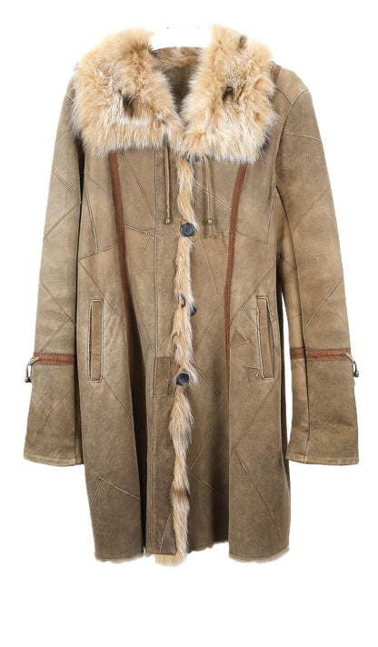 PRE-OWNED DISTRESSED TAN SHEARLING LAMB COAT W/ DYED LYNX TRIM & WING COLLAR