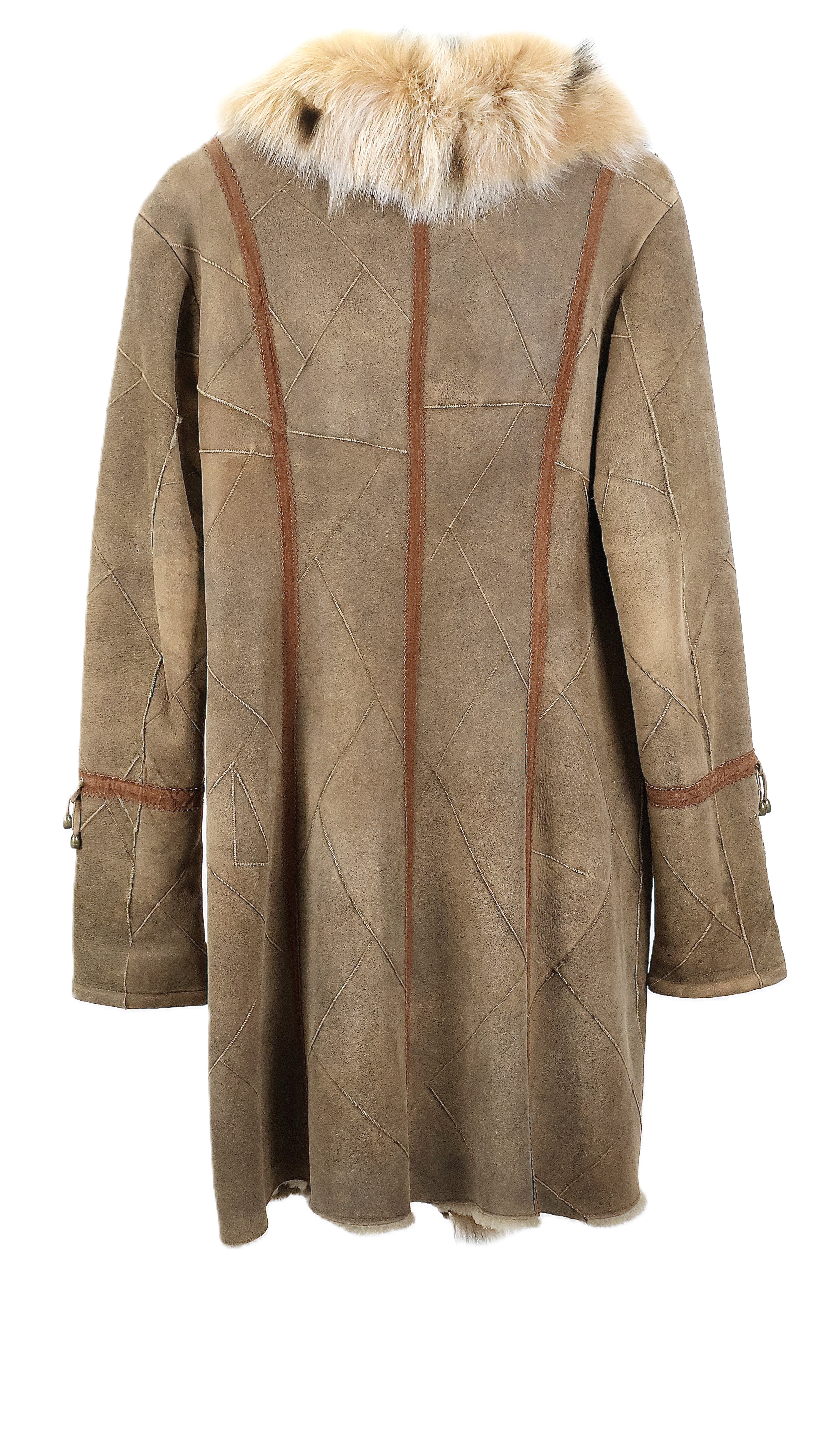 PRE-OWNED DISTRESSED TAN SHEARLING LAMB COAT W/ DYED LYNX TRIM & WING COLLAR